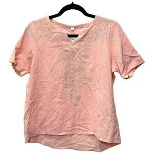 NWT Women's V-Neck Embroidered Pink‎ Tunic Short Sleeve Hi-Low Hem